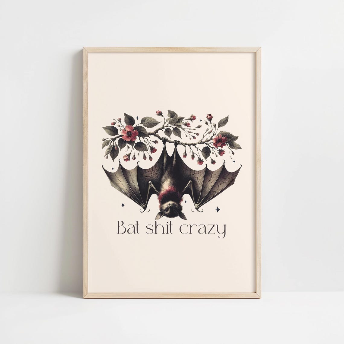 Bat Shit Crazy Funny Upside Down Bat Floral Branch Halloween Poster