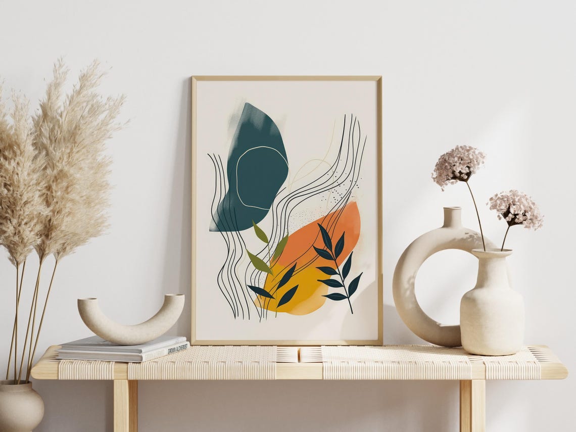 Abstract Organic Teal Orange Shapes Dark Leaf Line Art Poster