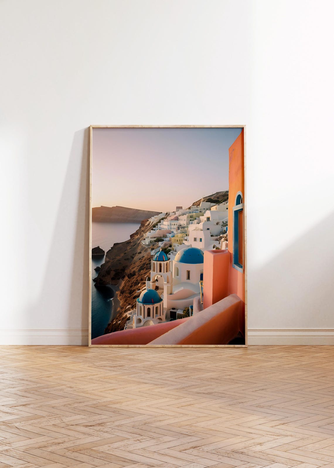 Santorini Blue Domes Peach Facades Golden Hour Greece Wall Art - Image 3