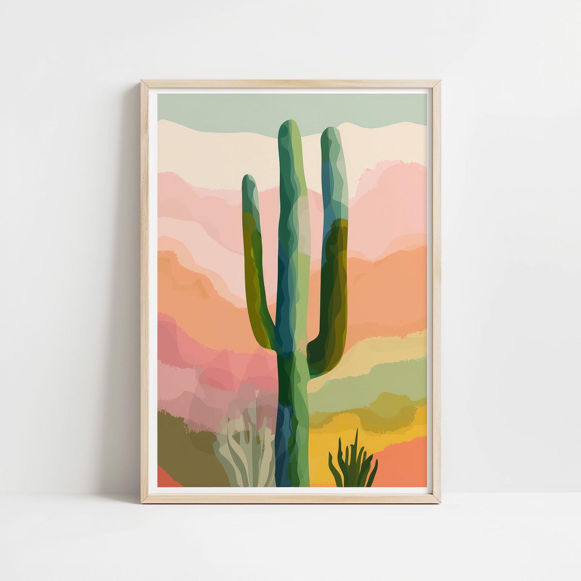 Tall Saguaro Cactus Pink Desert Hills Watercolor Style Poster