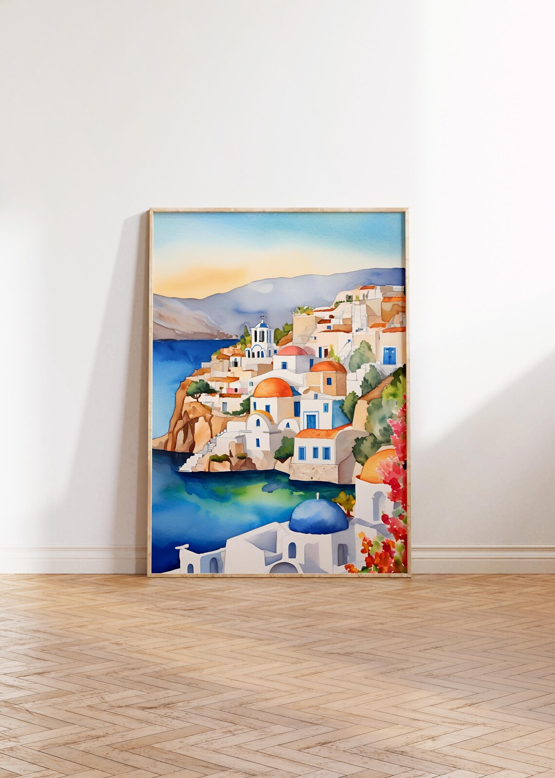 Greek Hillside Village Blue Dome Church Mountain Watercolor Poster - Image 3