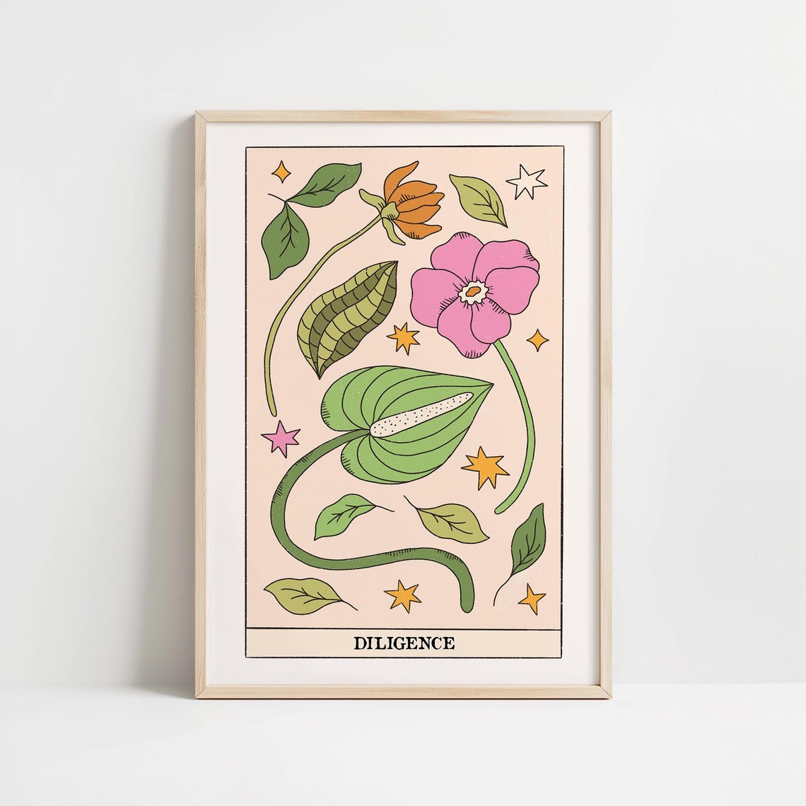 Diligence Tarot Card Botanical Floral Stars Whimsical Decor Wall Art