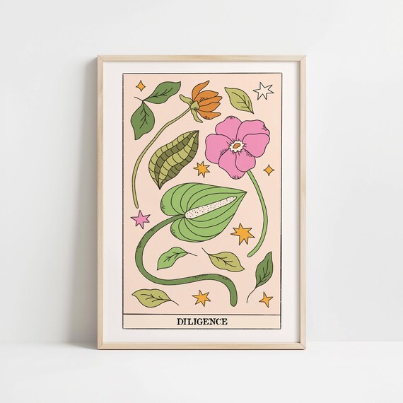 Diligence Tarot Card Botanical Floral Stars Whimsical Decor Wall Art