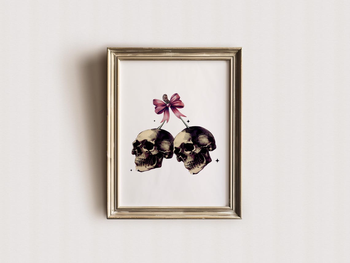 Coquette Skulls Pink Bow Cherry Halloween Vintage Style Art Print - Image 3