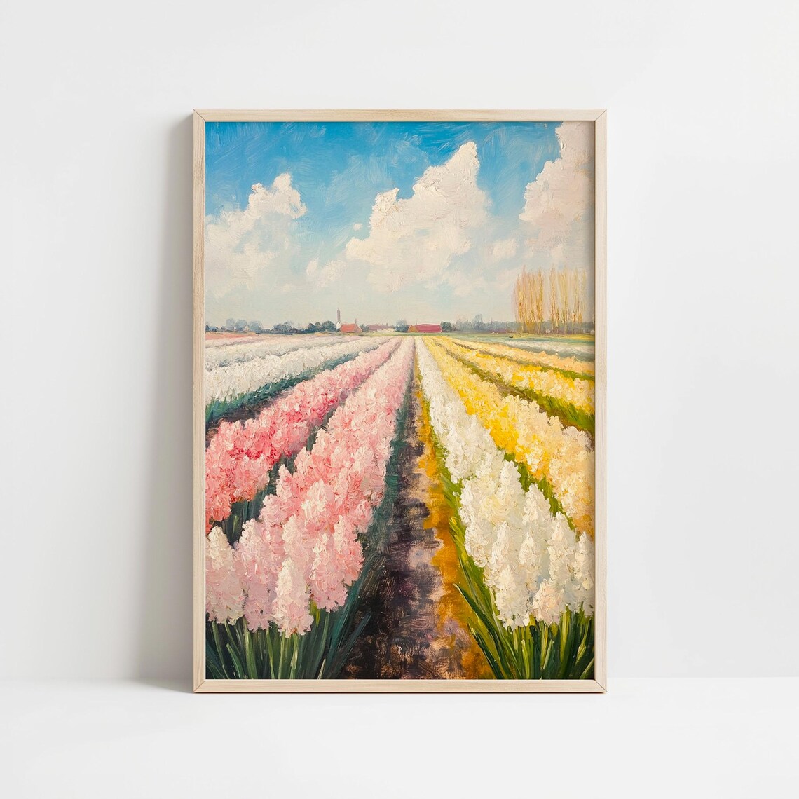 Colorful Tulip Field Rows Blue Sky Farm Landscape Painting Poster