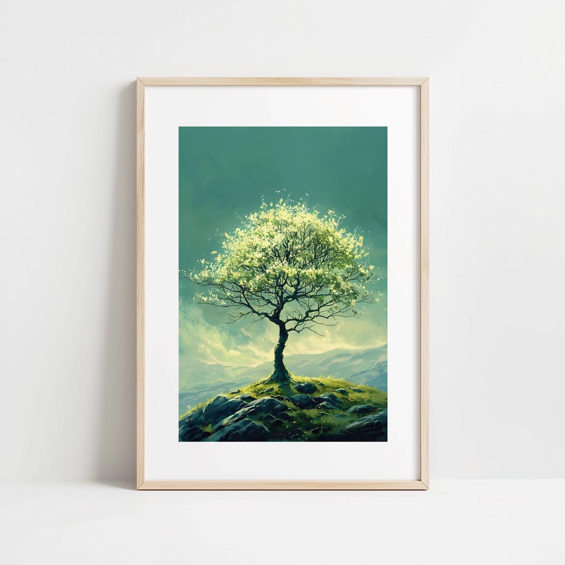 Golden Yellow Tree Luminous Teal Sky Tranquil Valley Hillside Poster