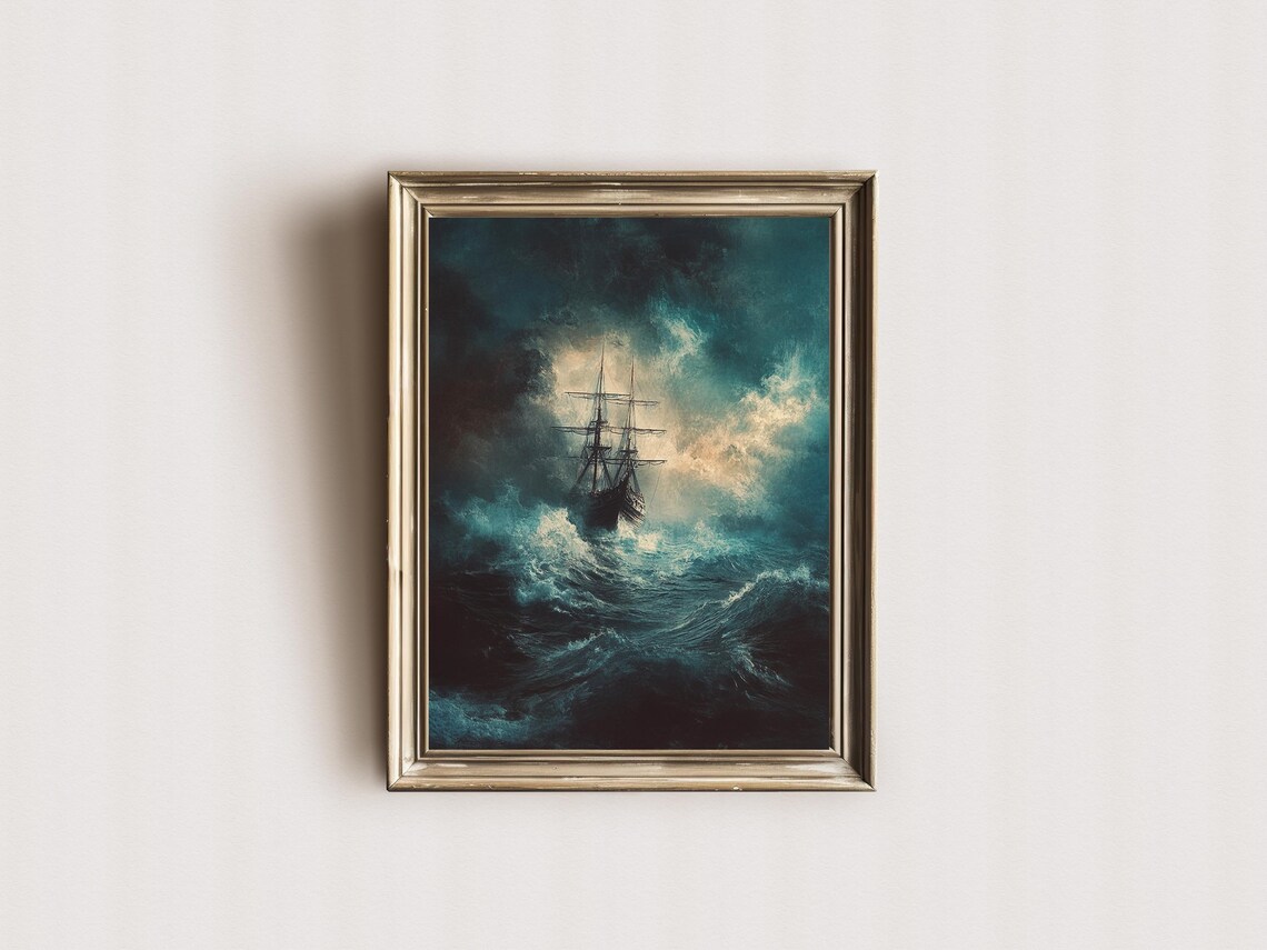 Tall Ship In Stormy Sea Dark Academia Oil Painting Style Poster - Image 3