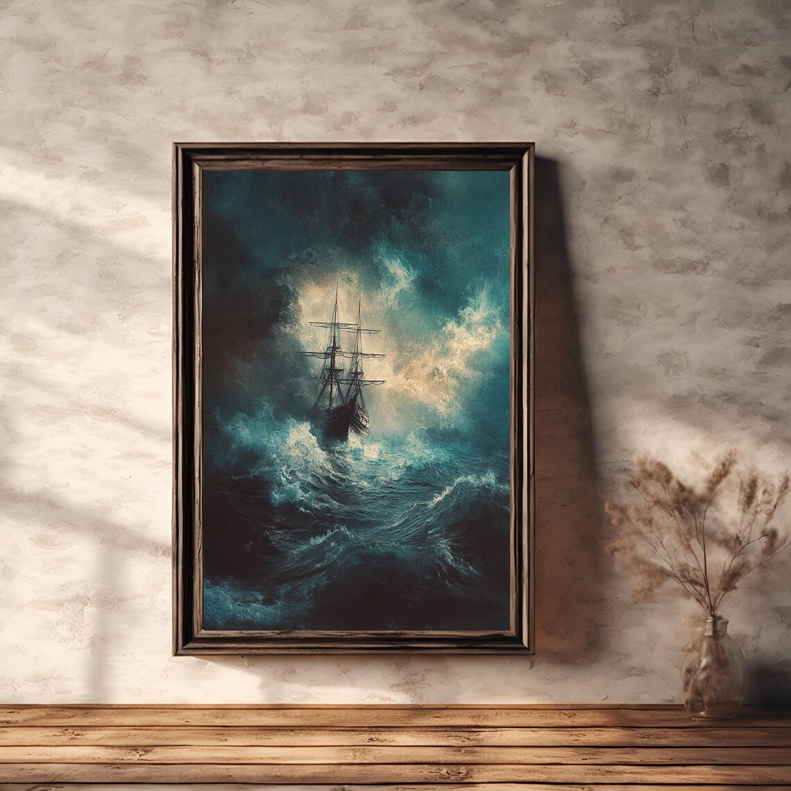 Tall Ship In Stormy Sea Dark Academia Oil Painting Style Poster - Image 2