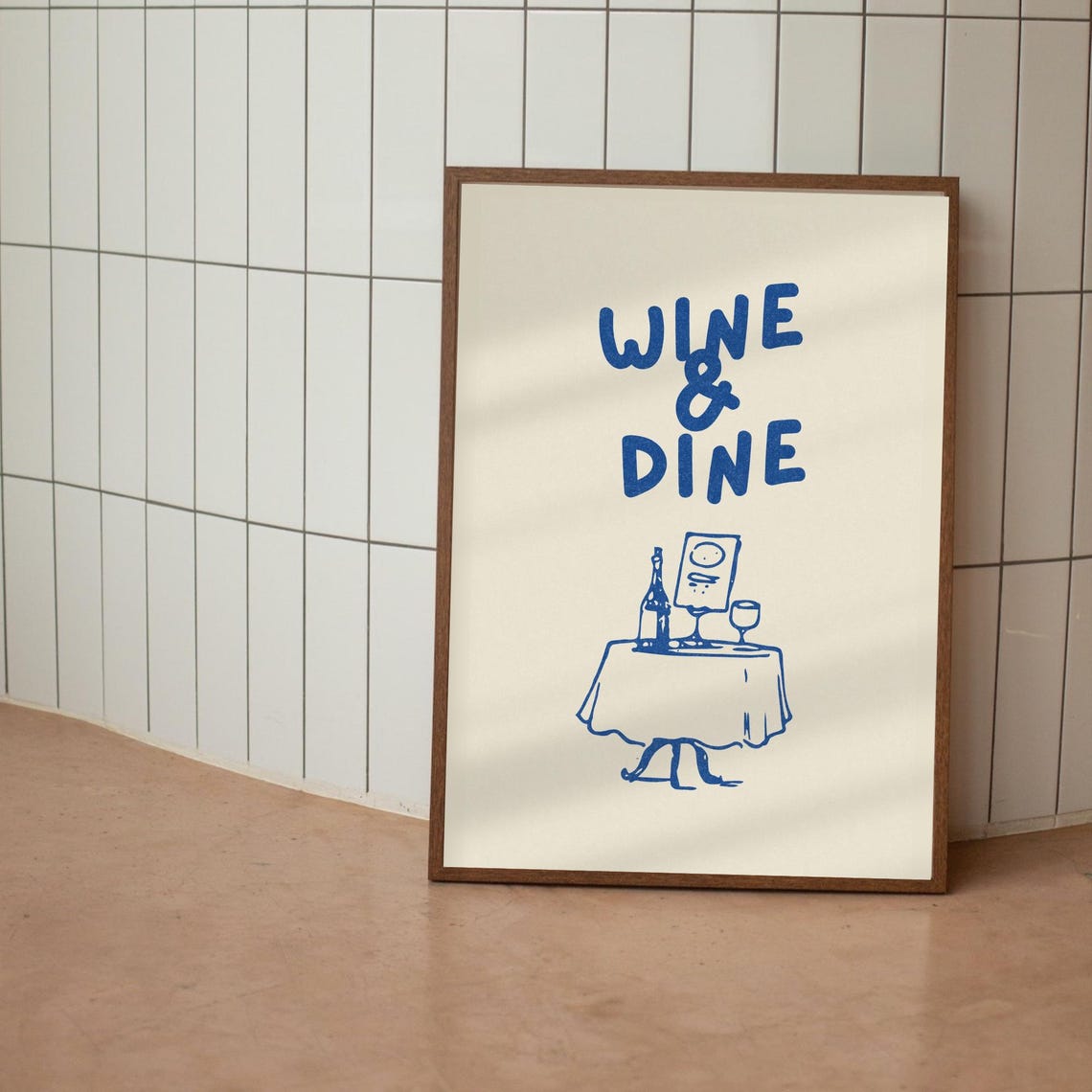 Wine and Dine Navy Kitchen Blue Table Sketch Quote Art Poster - Image 3