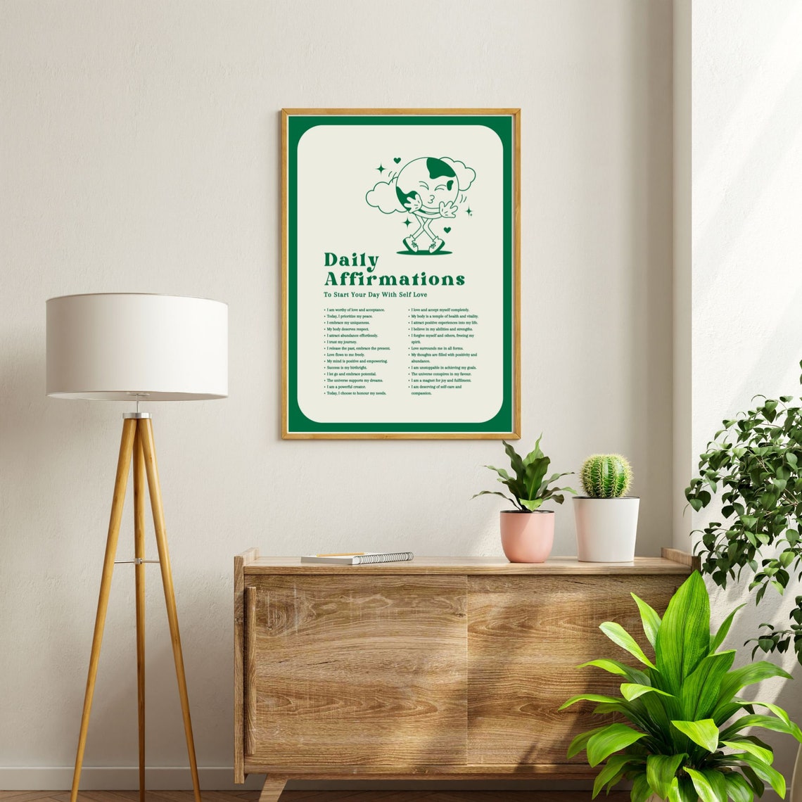 Daily Affirmations Self Love Retro Green Globe Character Poster - Image 3