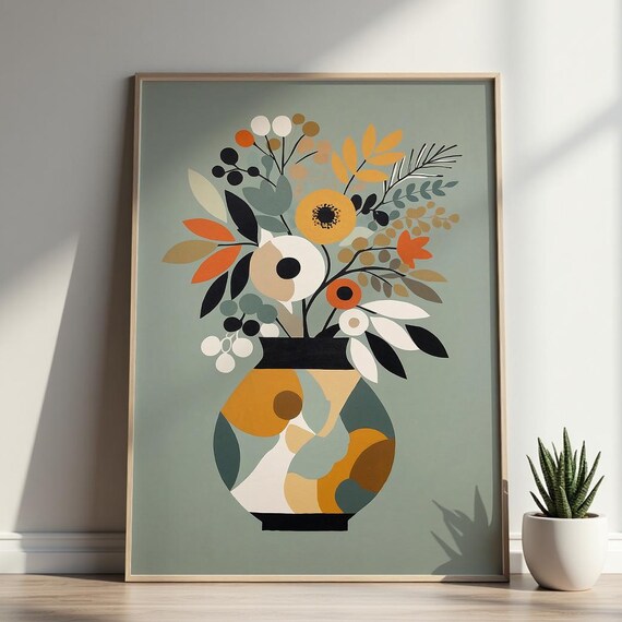 Abstract Floral Vase Art Print Midcentury Modern Botanical Illustration