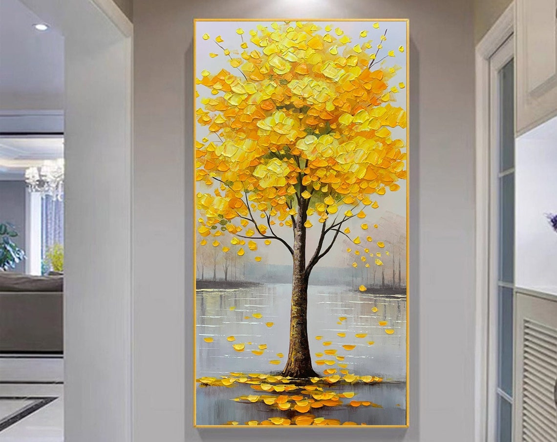 3d Yellow Leaf Tree Oil Painting Yellow Landscape Painting Tree Of Life Abstract Painting Palette Knife Painting Porch Wall Art Decor