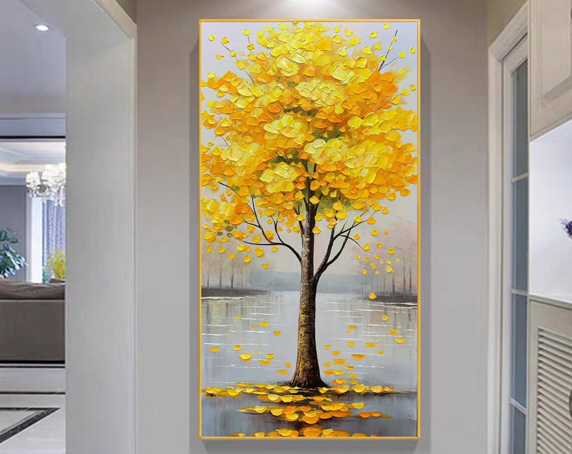 Golden Autumn Tree By Calm Water Yellow Leaves Painting Poster