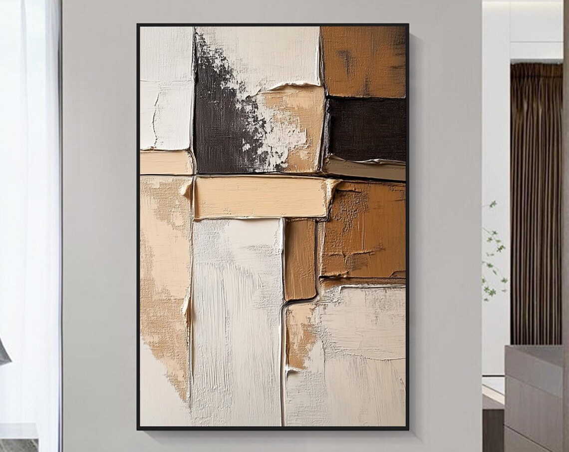 Geometric Block Abstract Brown Cream Black Textured Modern Poster