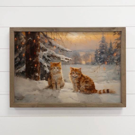 Christmas Tabby Cats Snowy Winter Forest Lights Animal Poster