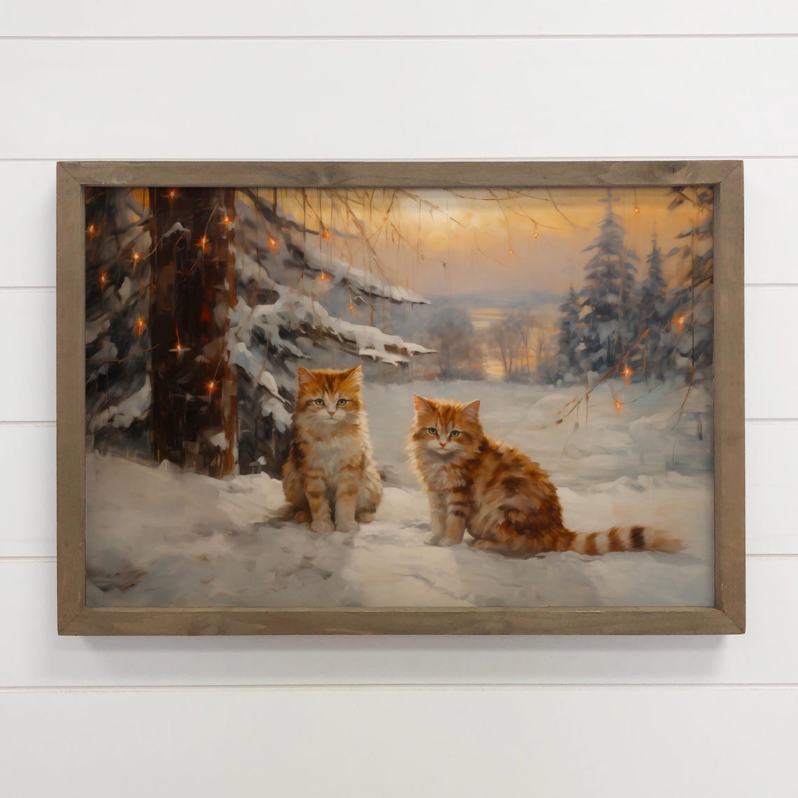 Christmas Tabby Cats Snowy Winter Forest Lights Animal Poster