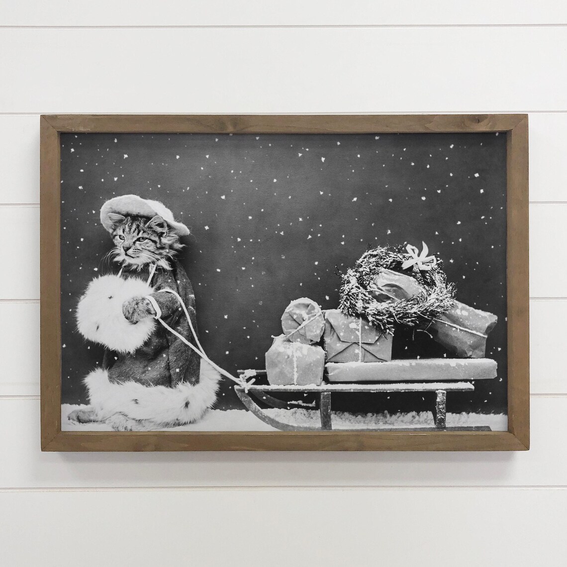 Vintage Cat in Santa Suit Pulling Sled of Gifts Black White Photo Poster