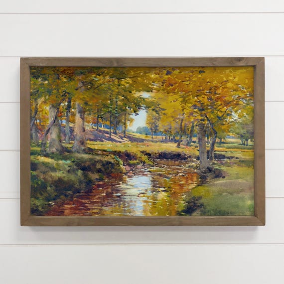Yellow Fall Stream Landscape Canvas Art Wood Framed