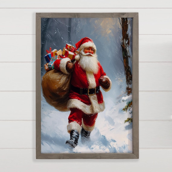 Santa Claus Delivering Toys Snowy Woods Classic Christmas Wall Art
