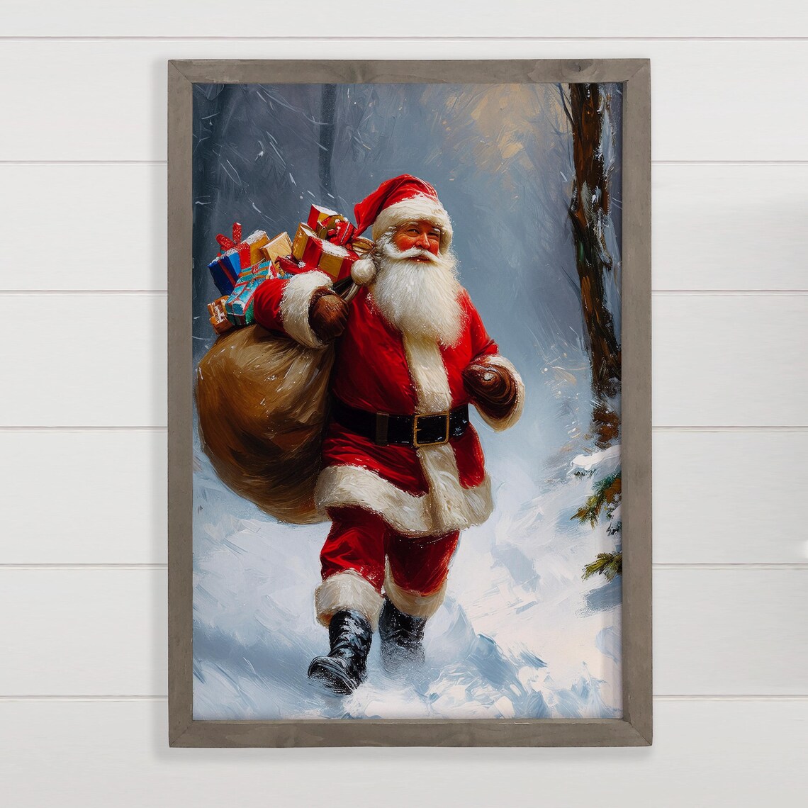 Santa Claus Delivering Toys Snowy Woods Classic Christmas Wall Art