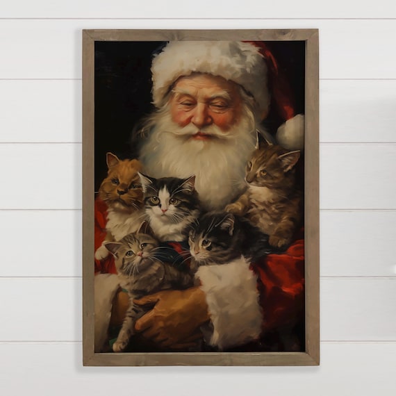 Santa Claus With Kittens Cute Christmas Cats Painting Wall Art