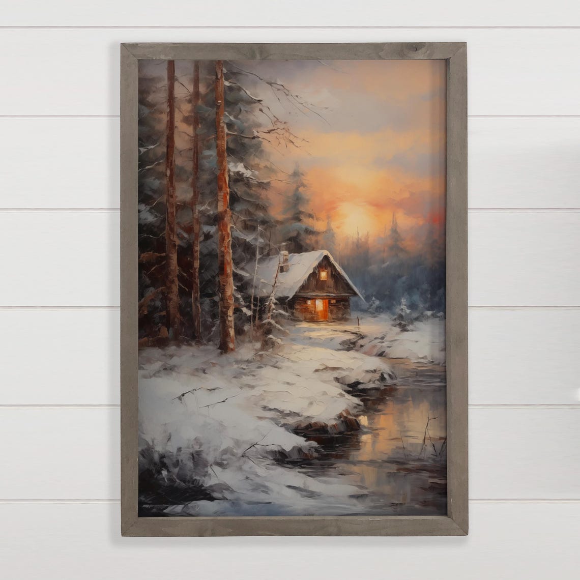 Snowy Cabin Glowing Sunset Winter Forest Oil Painting Poster
