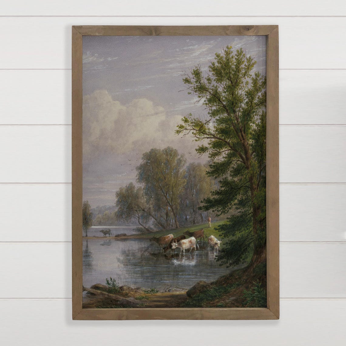 Cows Drinking at the River Vintage Pastoral Painting Wall Art