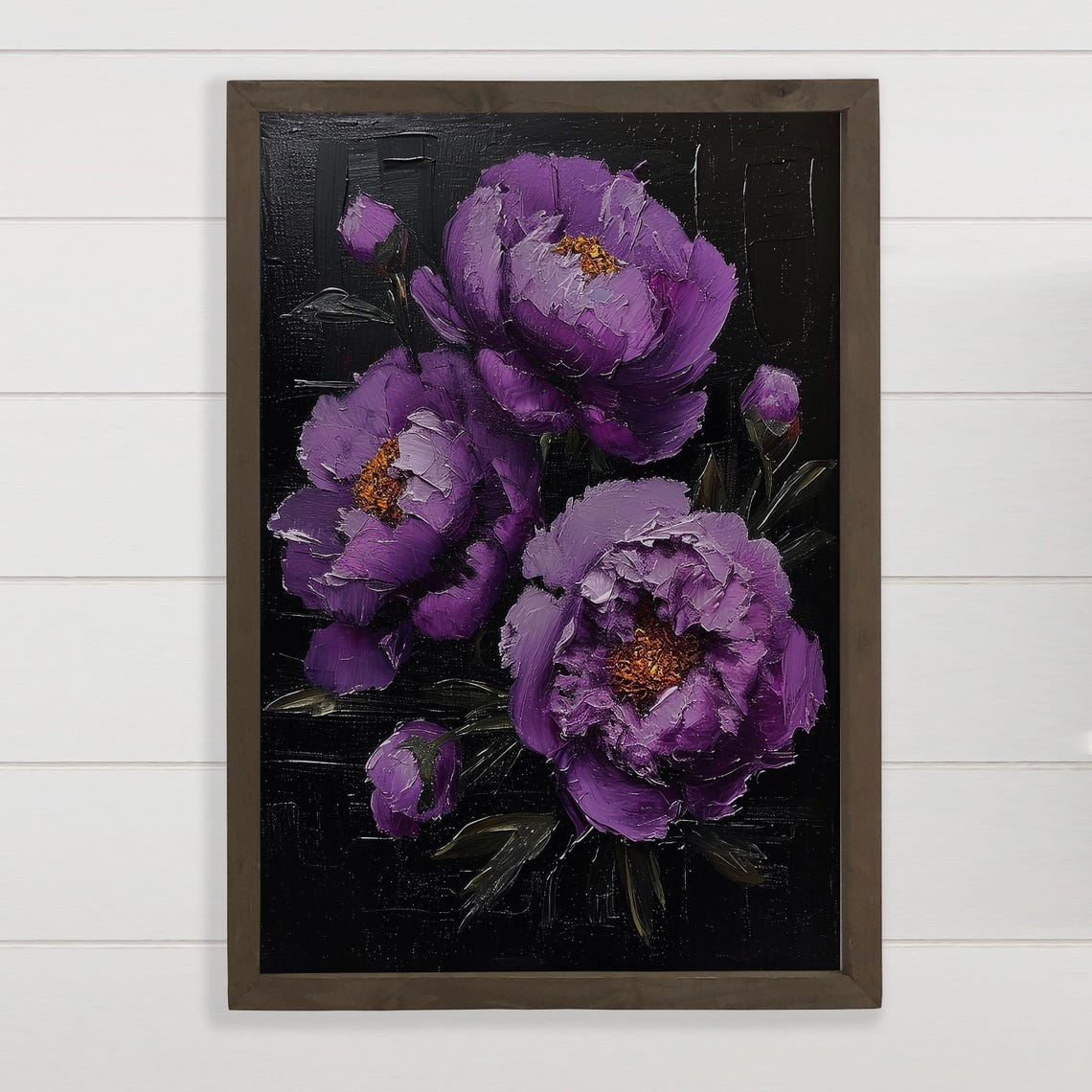 Purple Peonies On Black Dramatic Oil Painting Botanical Floral Print