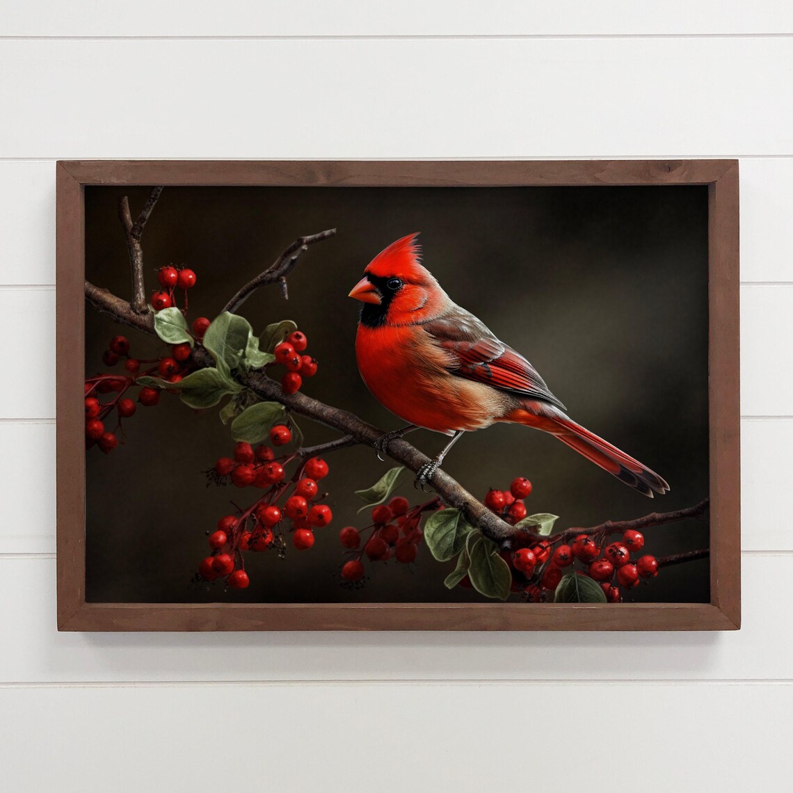Cardinal Berry Branch Nature Art Print, Wood Frame