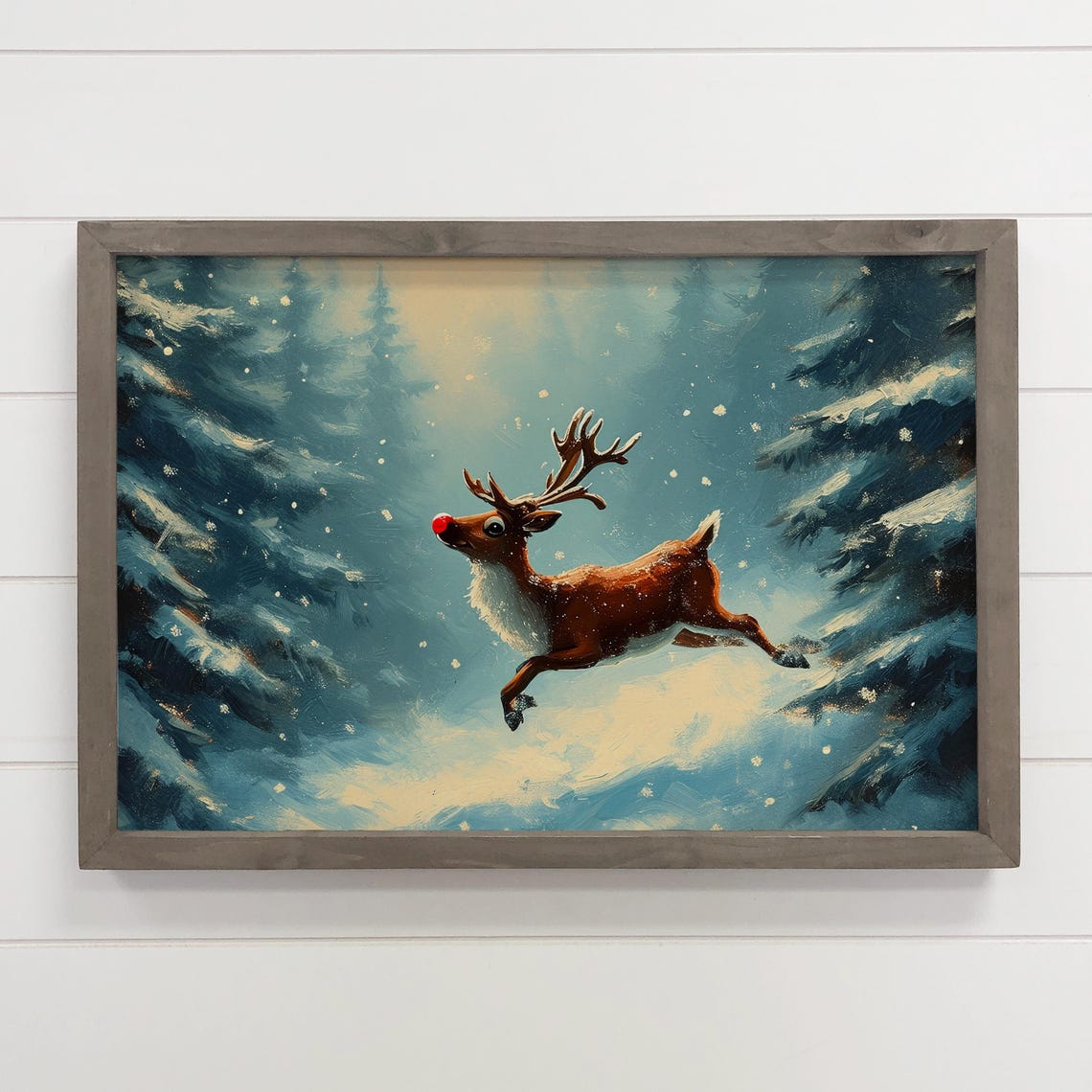 Rudolph Red Nosed Reindeer Flying Snowy Forest Christmas Poster
