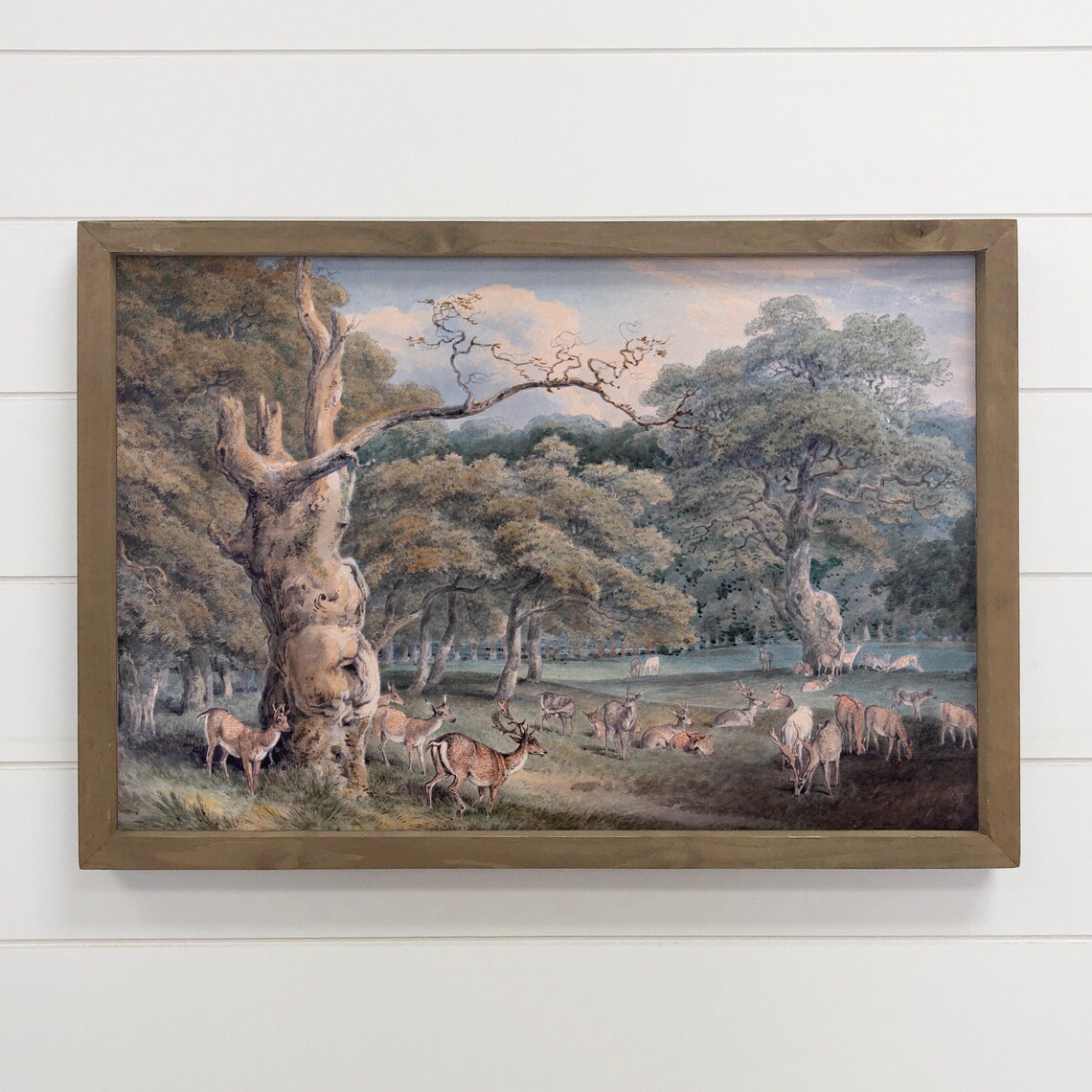 Deer Herd Ancient Oak Forest Vintage Wildlife Painting Wall Art