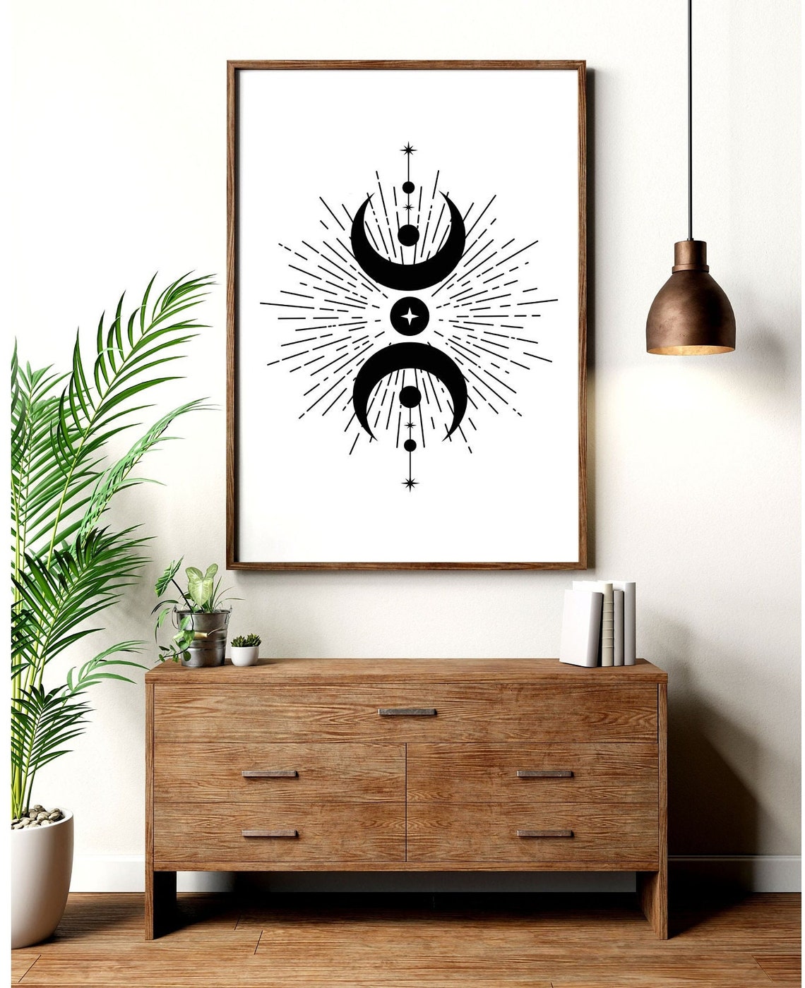 Symmetrical Celestial Crescent Moon Radiant Boho Line Art Poster - Image 5