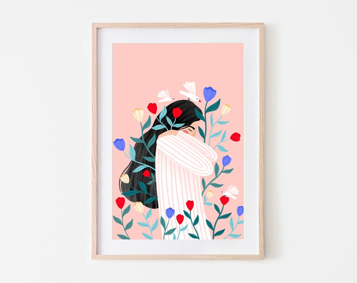 Woman Among Tulips Doves Pink Self Love Botanical Art Poster