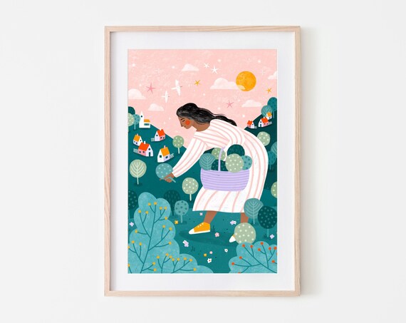 Tree Lady Whimsical Art Print Landscape Illustration Cute Decor Dreamy Kids Room Poster Boho Poster