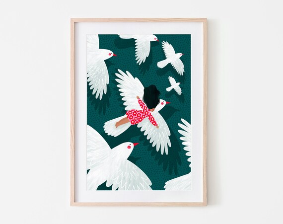 Girl Flying With White Doves Dreamy Freedom Illustration Poster