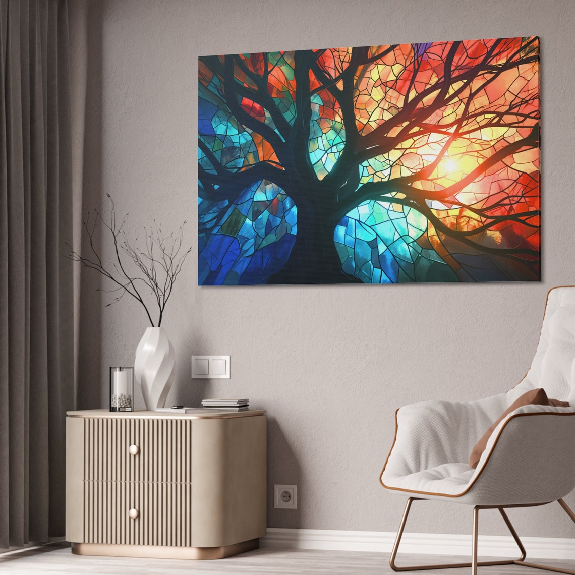 Tree Silhouette Against Stained Glass Style Sky Scenic Poster - Image 2