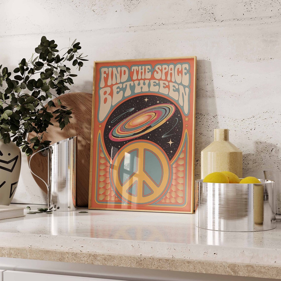 Find the Space Between Saturn Peace Sign 70s Retro Art Poster - Image 3