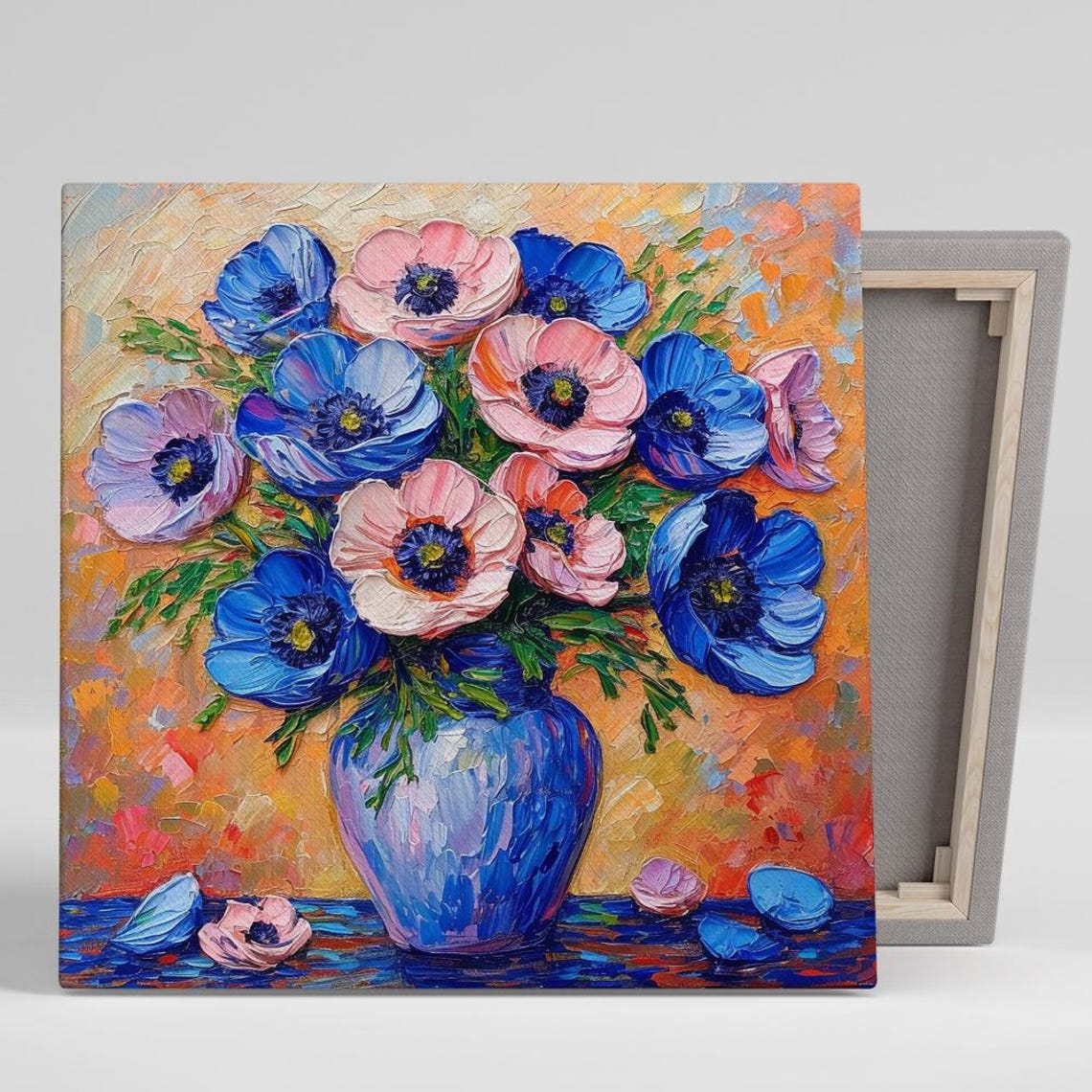 Blue and Pink Anemones Impasto Bouquet Orange Background Art Poster