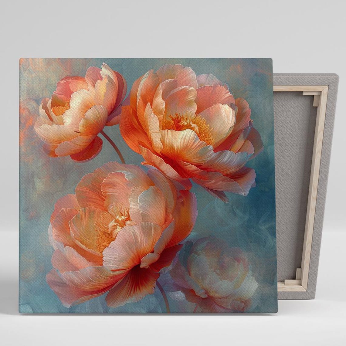 Coral Peony Blossoms Soft Painterly Floral Art Teal Background Poster