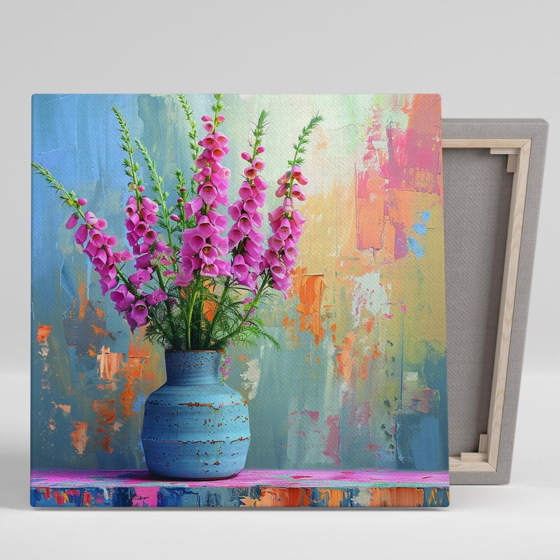 Pink Foxgloves In Blue Vase Colorful Abstract Floral Still Life Wall Poster