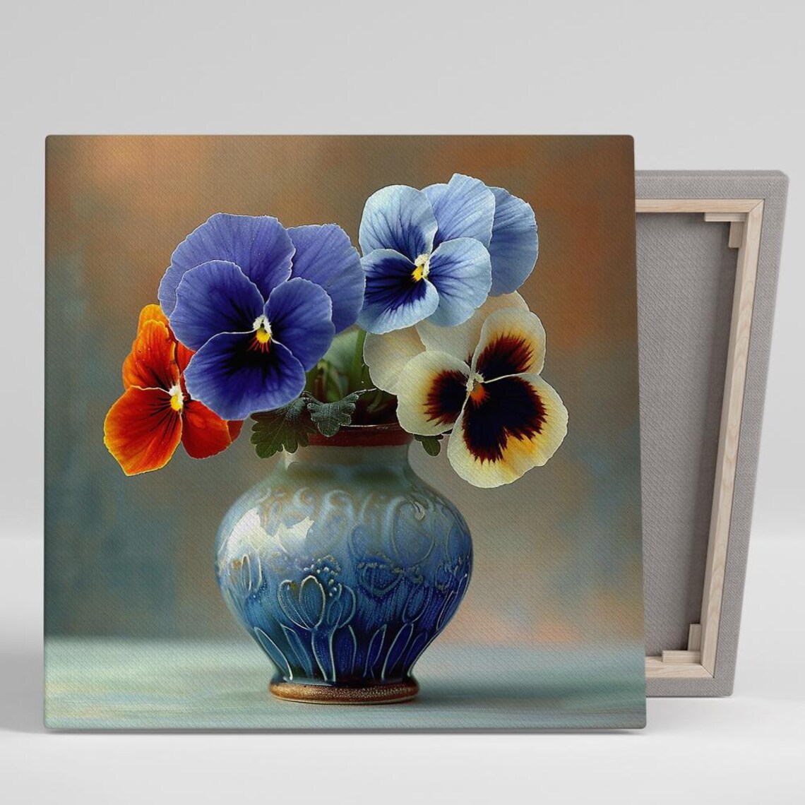 Classic Purple Pansies Blue Ceramic Vase Still Life Floral Print