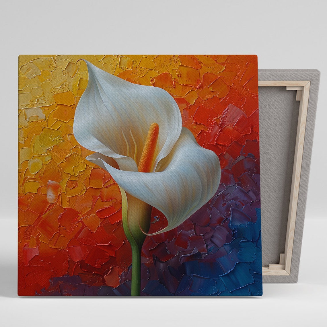 White Calla Lily On Colorful Impasto Orange Blue Background Art Poster