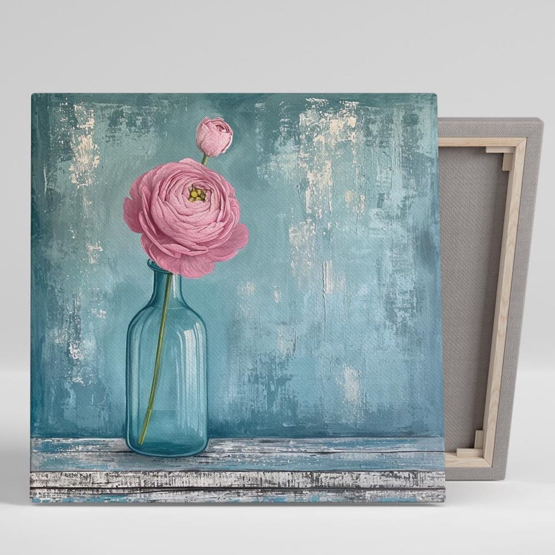 Pink Ranunculus in Glass Bottle Shabby Chic Romantic Floral Art Poster