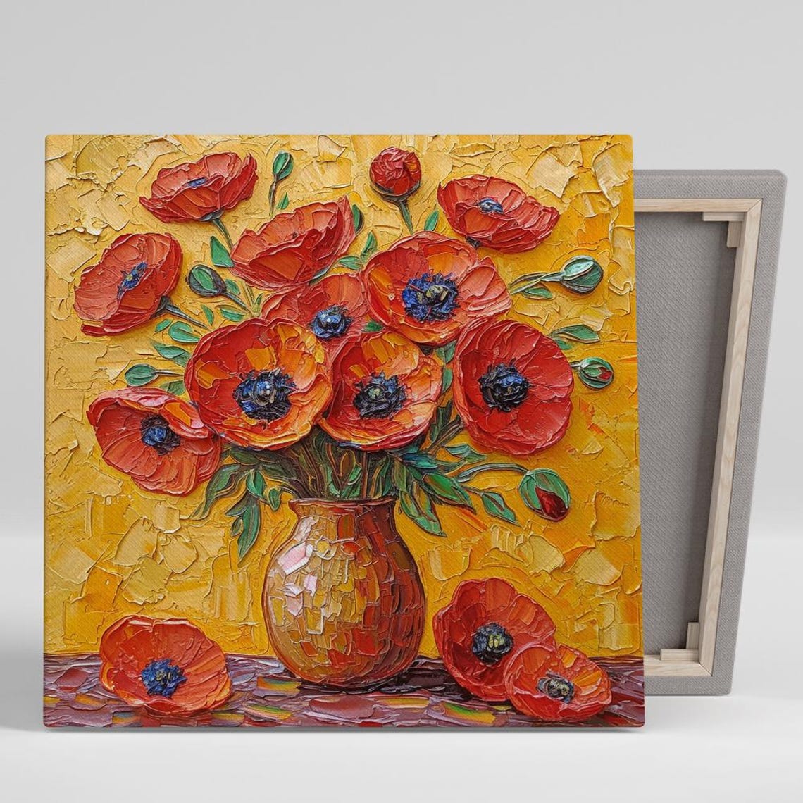 Red Poppy Bouquet Amber Vase Golden Impasto Textured Art Poster