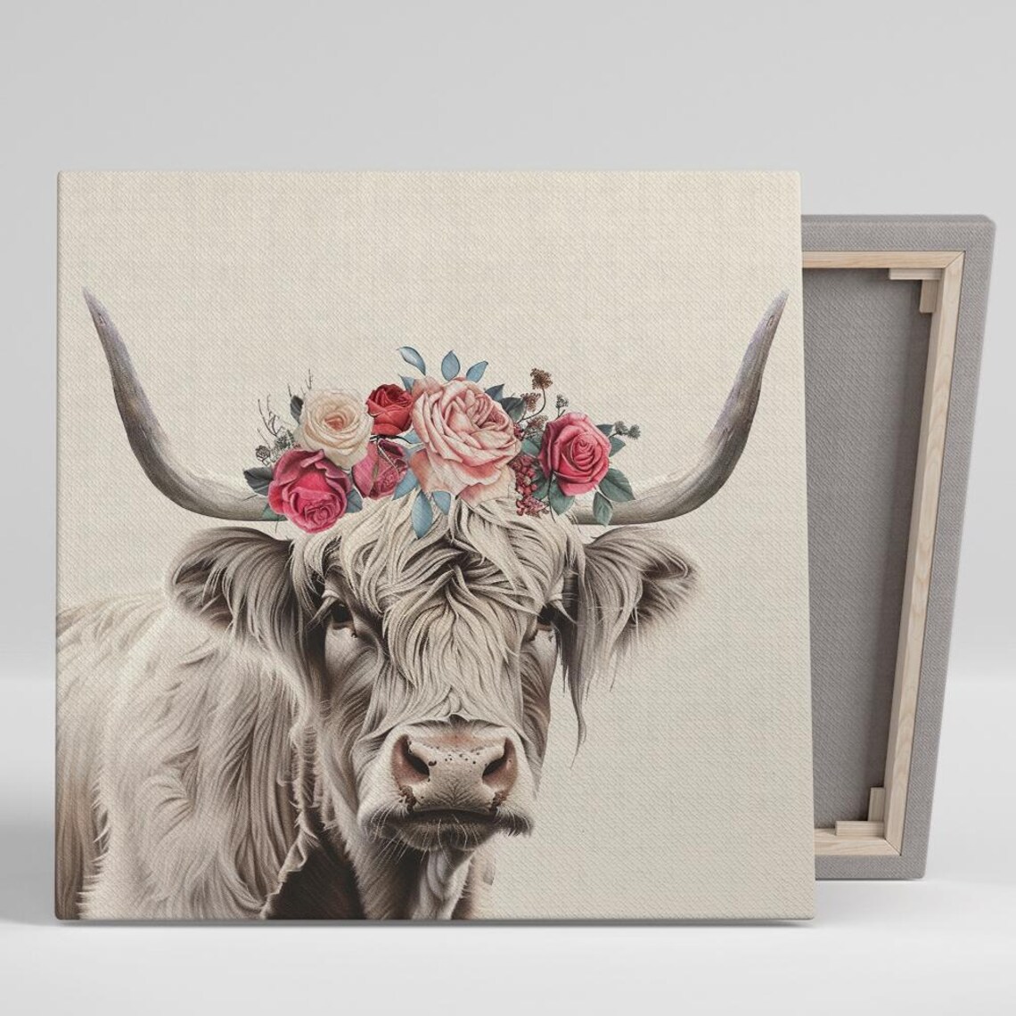 Highland Cow with Floral Crown Roses Rustic Farmhouse Animal Art Print