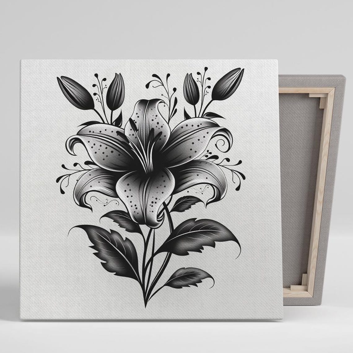 Black And White Lily Flower Tattoo Style Illustration Art Poster