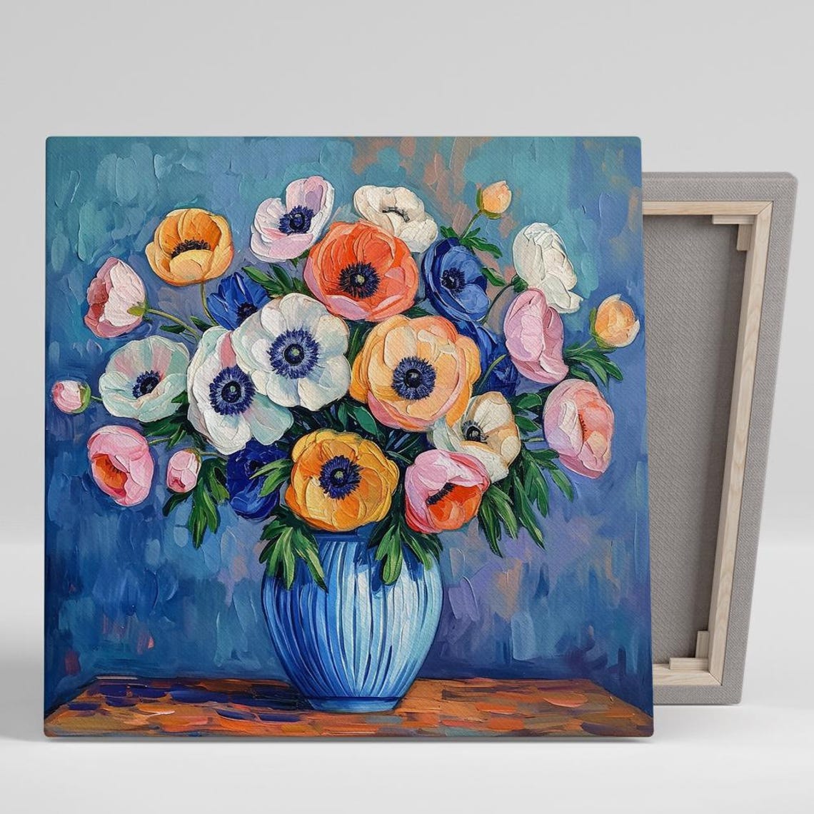 Vibrant Anemone Bouquet Blue Vase Impressionist Floral Poster
