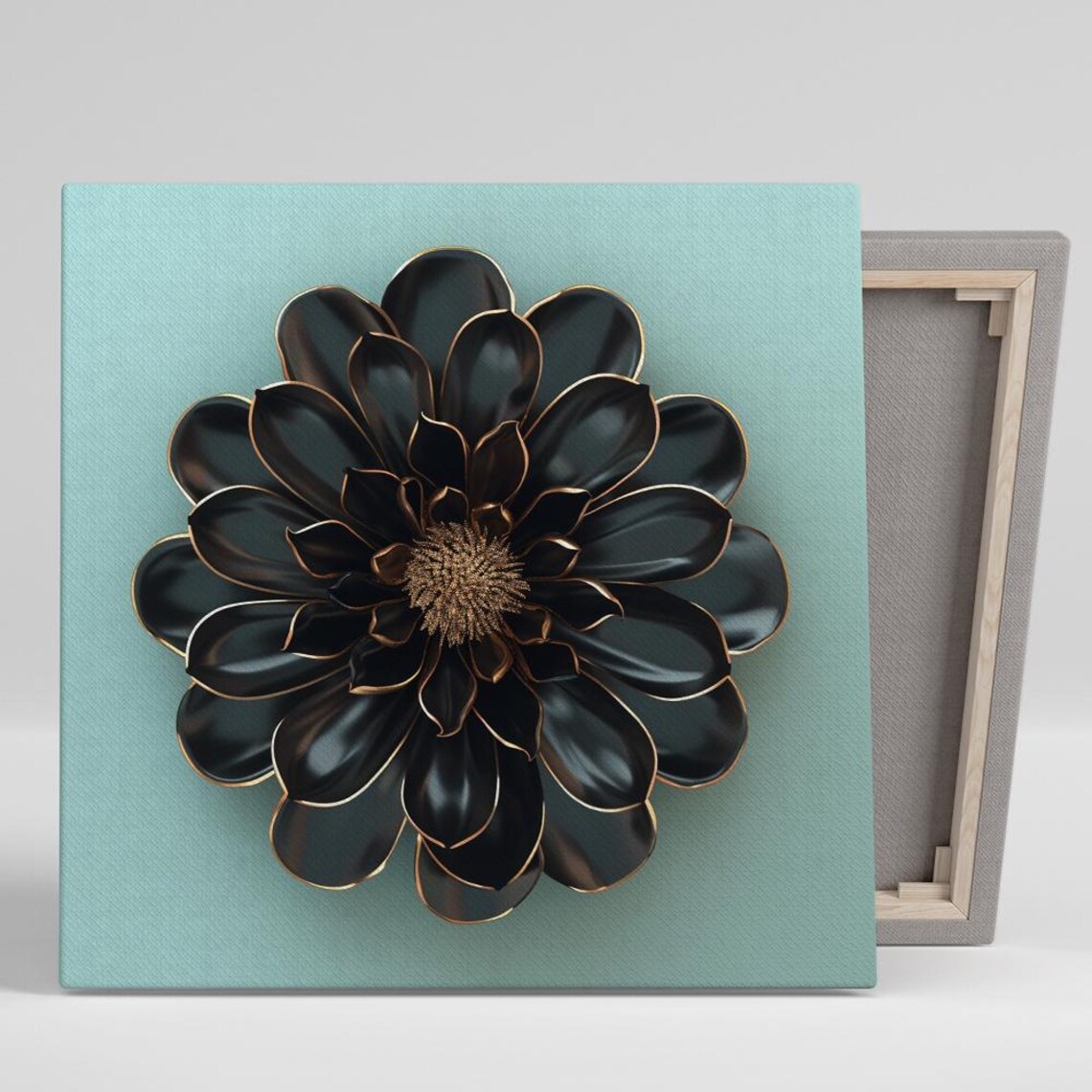 Black Dahlia Gold Edge Bloom Teal Background Elegant Floral Poster