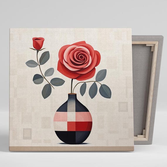 Rose Art Or Poster Contemporary Floral Decor Living Room Bedroom Office Dining Room Wall Art Red Pink Grey Black Geometric Design