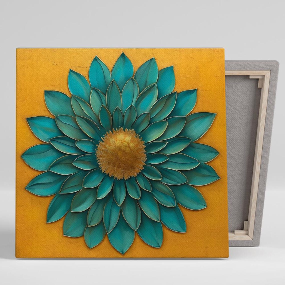 Teal Dahlia Gold Petal Edges Golden Yellow Bold Botanical Art Poster